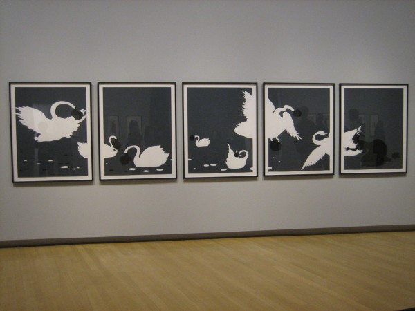 Kara Walker, "The Emancipation Approximation," screenprints on paper, 1999-2000.  According to the Crocker Art Museum, "In this grand cycle, 26 prints read from left to right.  The recurring swan motif Walker uses has a long tradition rooted in Renaissance depictions of  Led and the Swan.  Using the whiteness of the swan to signify race, Walker creates a new metaphor for rape and other forms of submission all too common to plantation life."